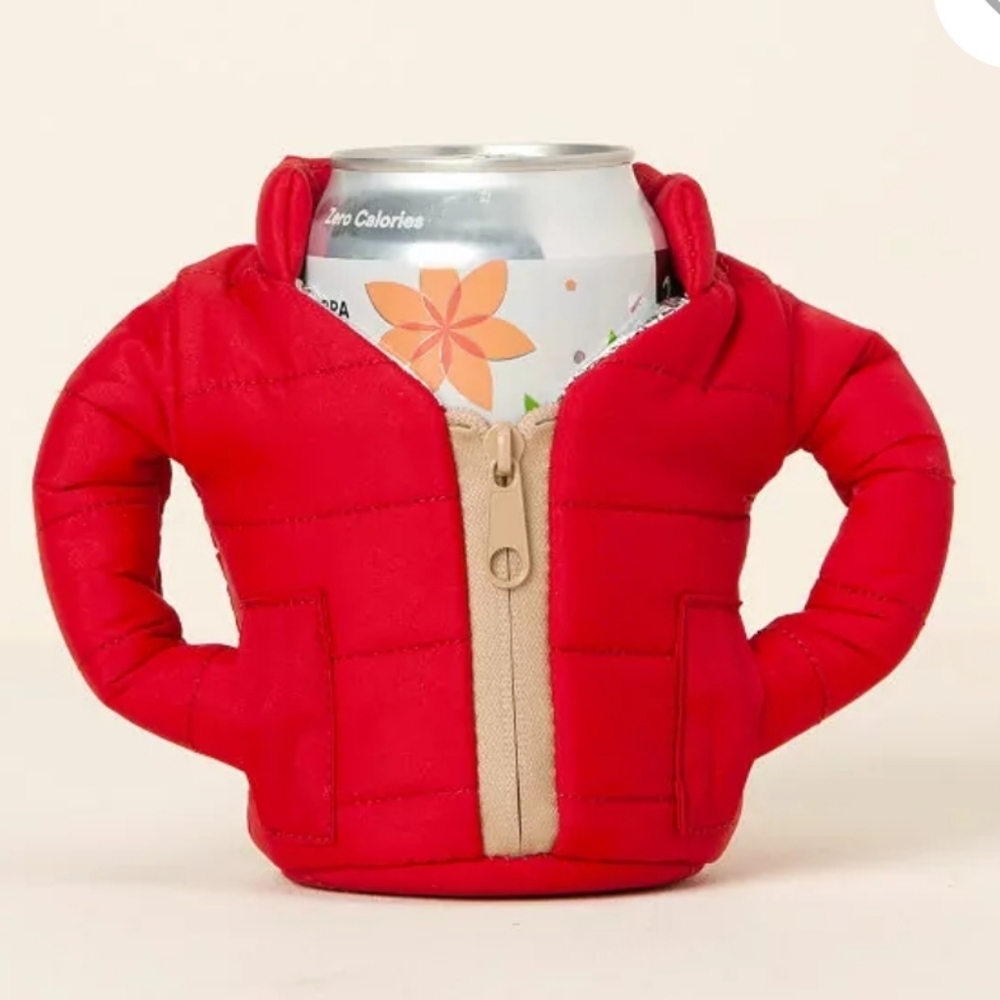 Novelty Red Puffer Jacket Can Cooler Cottage Farm Teacher Modest Add On Gift New